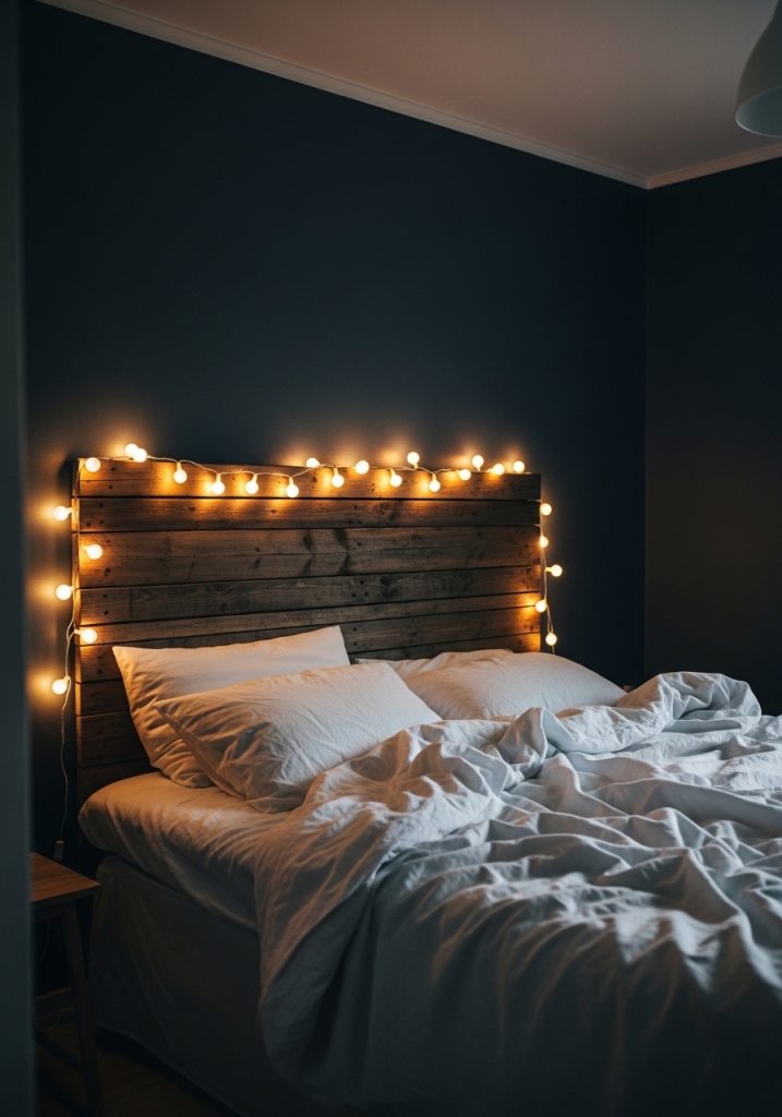 Warm white fairy lights strung above a bed headboard in a cozy bedroom 
