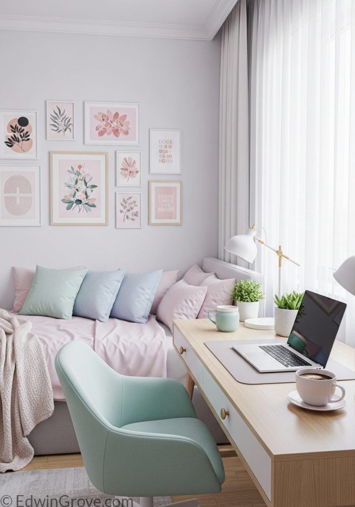 Aesthetic Pinterest-style bedroom office with decorative elements