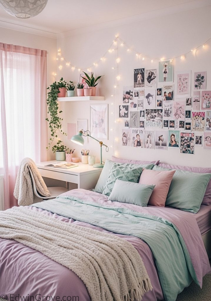 Aesthetic teen girl bedroom with fairy lights and pastel decor