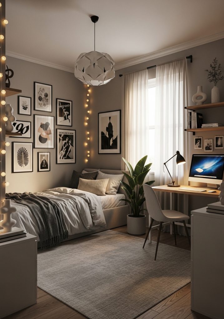 Aesthetic teenage boy bedroom with soft lighting and stylish decor
