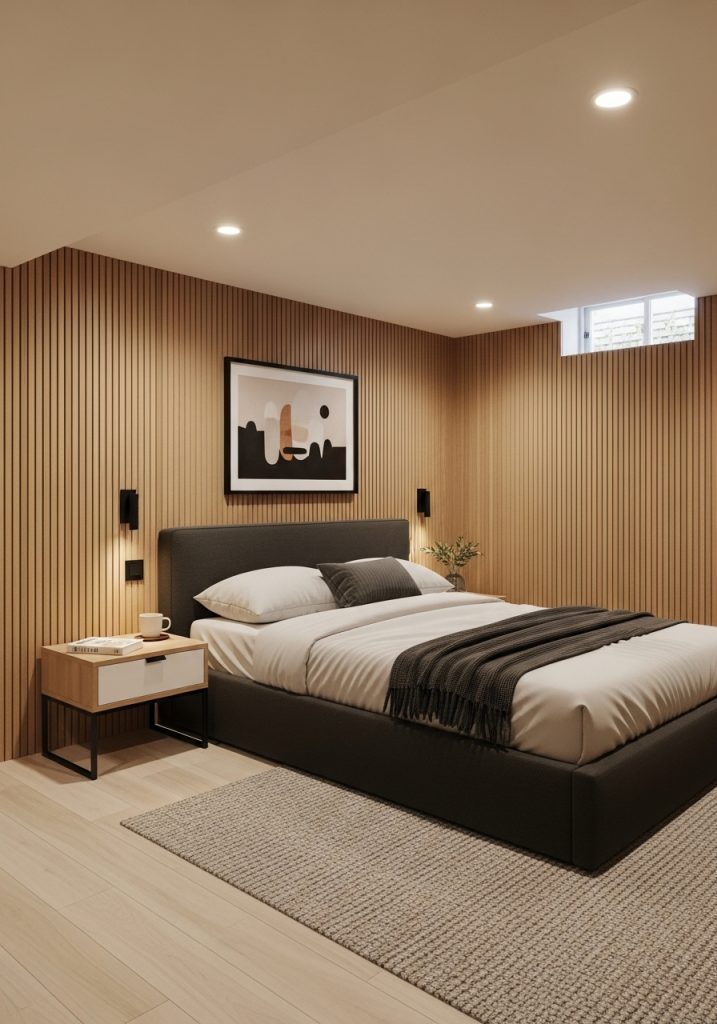 Basement bedroom designed for low ceilings