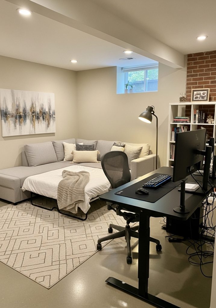 Basement bedroom with integrated workspace