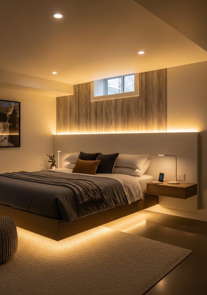 Basement bedroom with layered lighting design