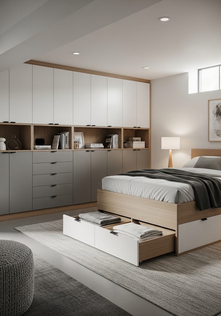 Basement bedroom with smart storage solutions