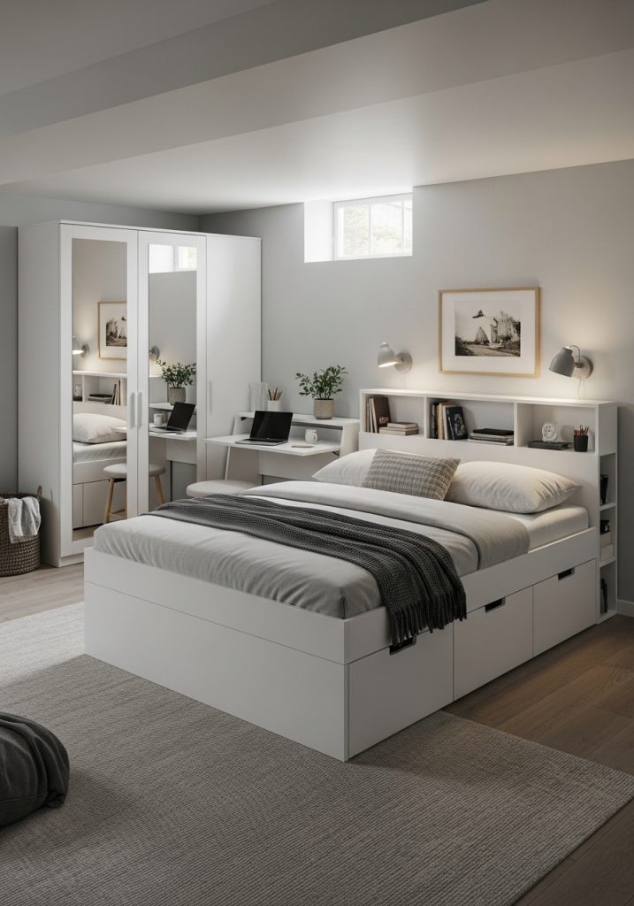 Basement bedroom with space saving furniture
