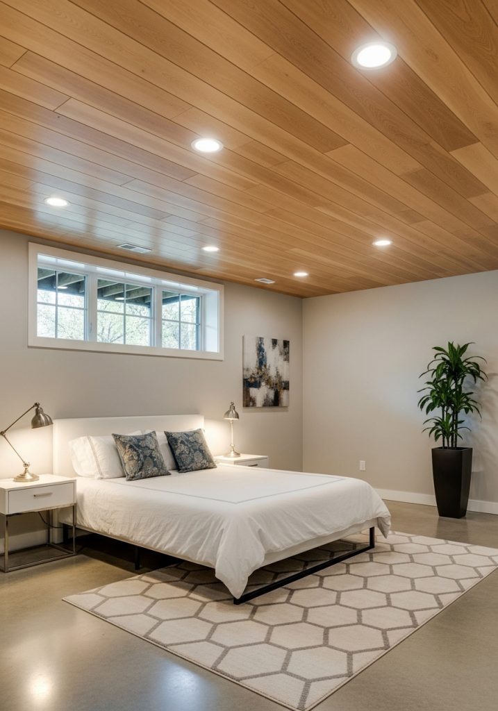 Basement bedroom with stylish ceiling design