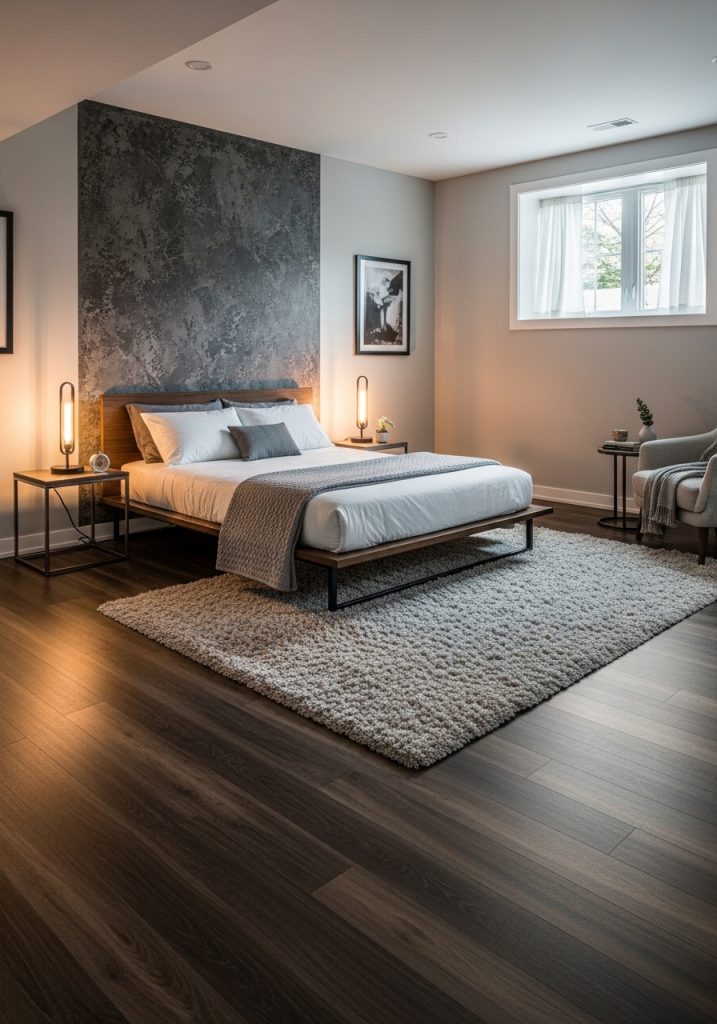 Basement bedroom with stylish vinyl flooring