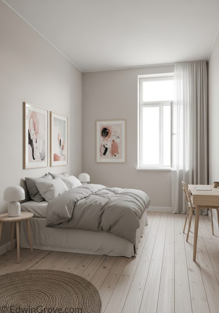 Bed placed against the longest wall in a small bedroom layout