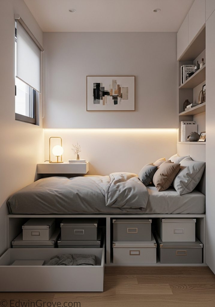 Bed with built-in storage drawers in a small bedroom