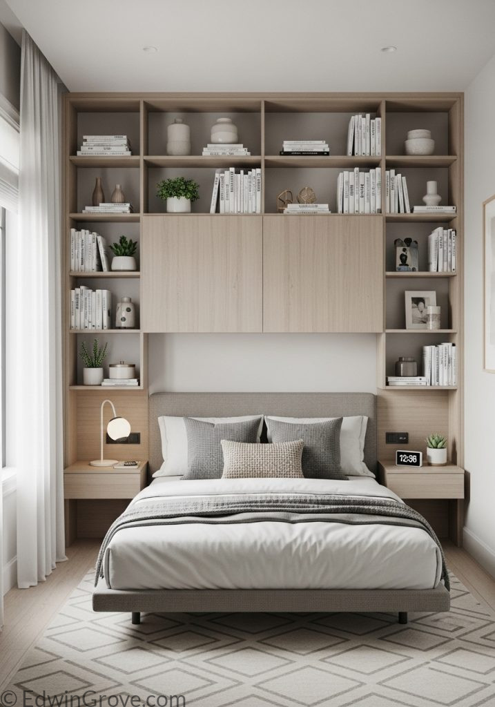 Bedroom background wall with built-in storage shelves