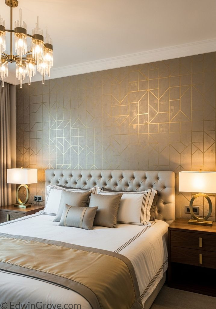 Bedroom background wall with metallic gold accents