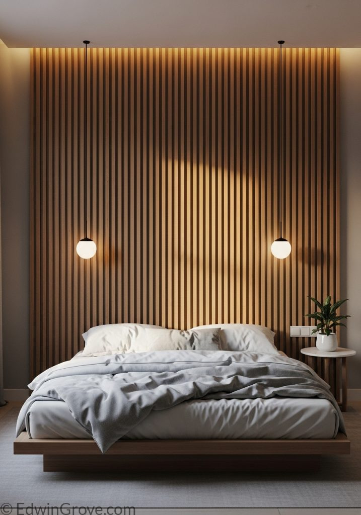Bedroom background wall with vertical wooden slats