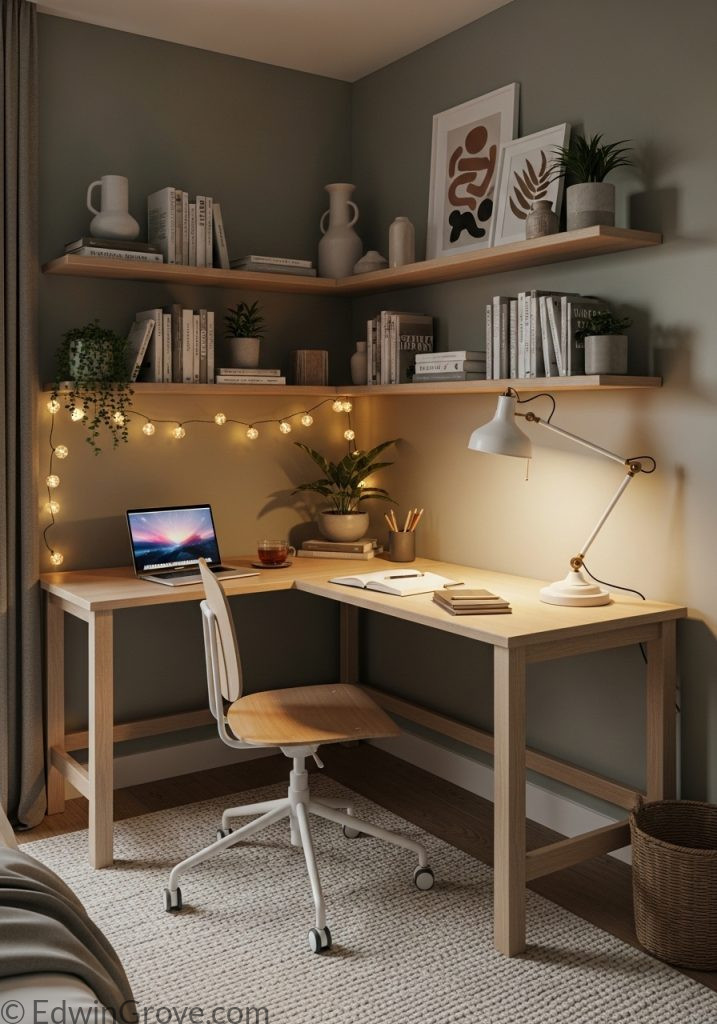 Bedroom corner office setup with space-saving desk and shelves