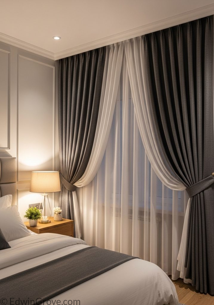 Bedroom featuring layered sheer and dark curtains
