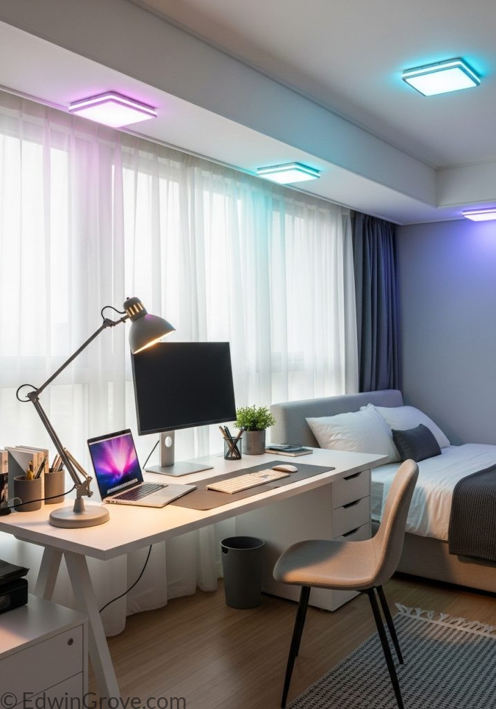 Bedroom office with smart lighting and functional desk lamp