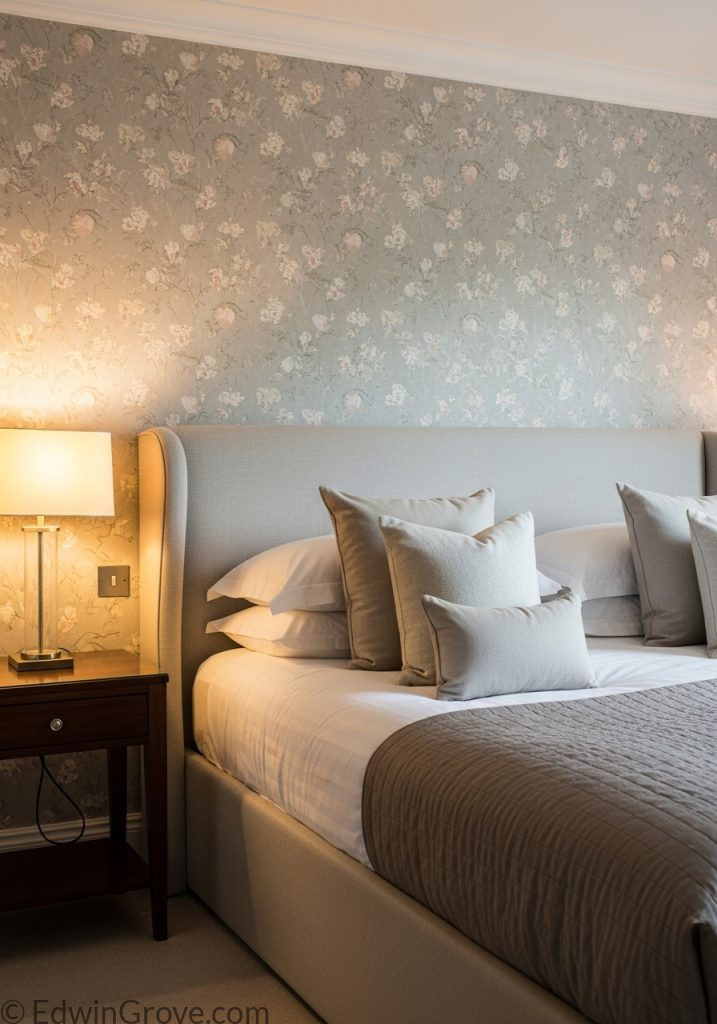 Bedroom wall decorated with elegant floral wallpaper background