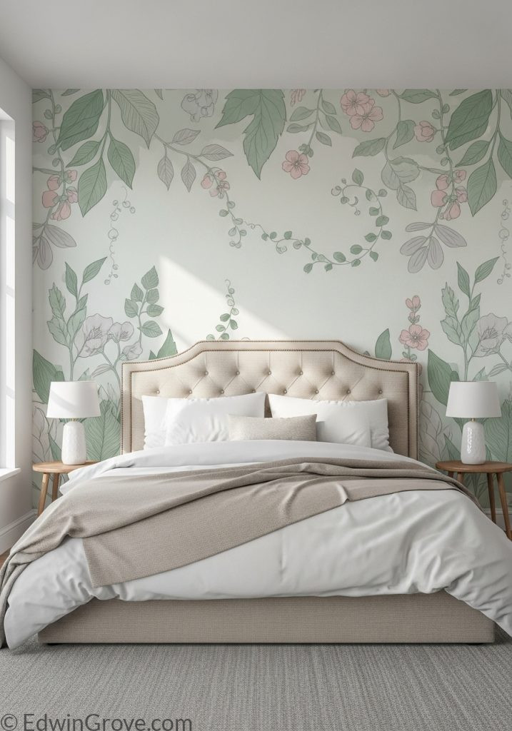 Bedroom wall featuring artistic mural background