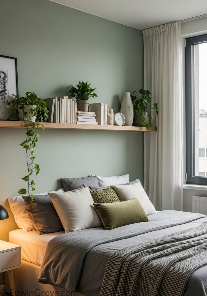 Bedroom wall with decorative floating shelves