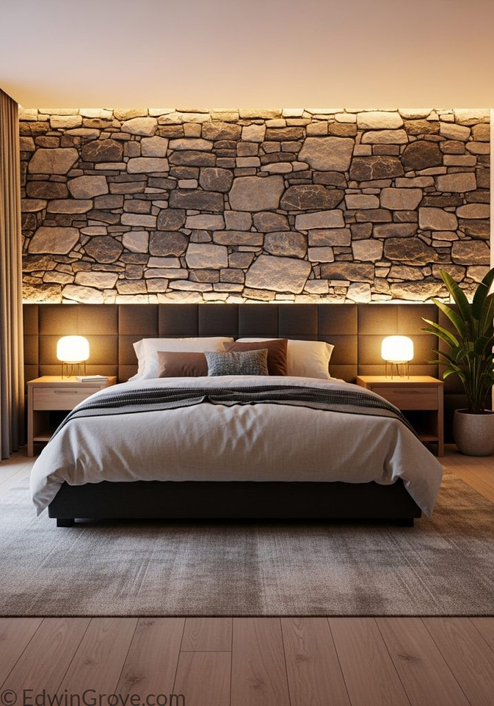 Bedroom wall with natural stone texture background