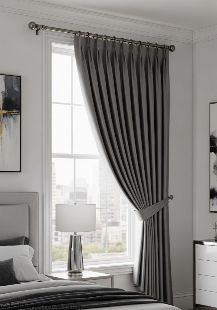 Bedroom window with stylish curtain rod and elegant curtains