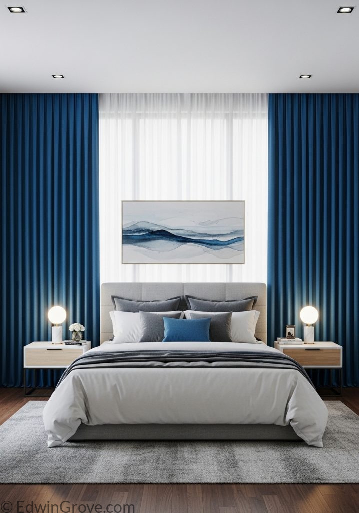 Bedroom with bold blue statement curtains
