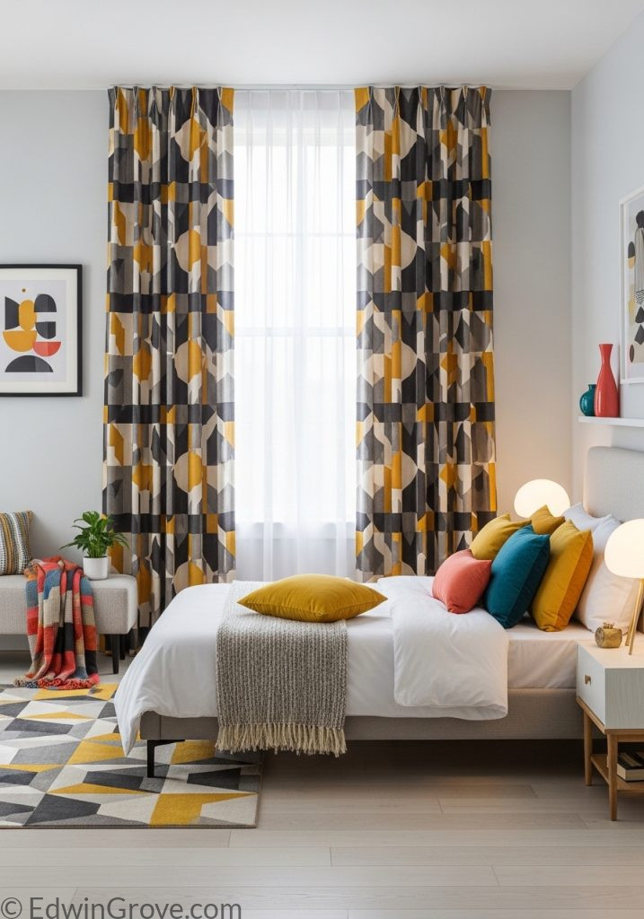 Bedroom with bold patterned curtains and modern decor
