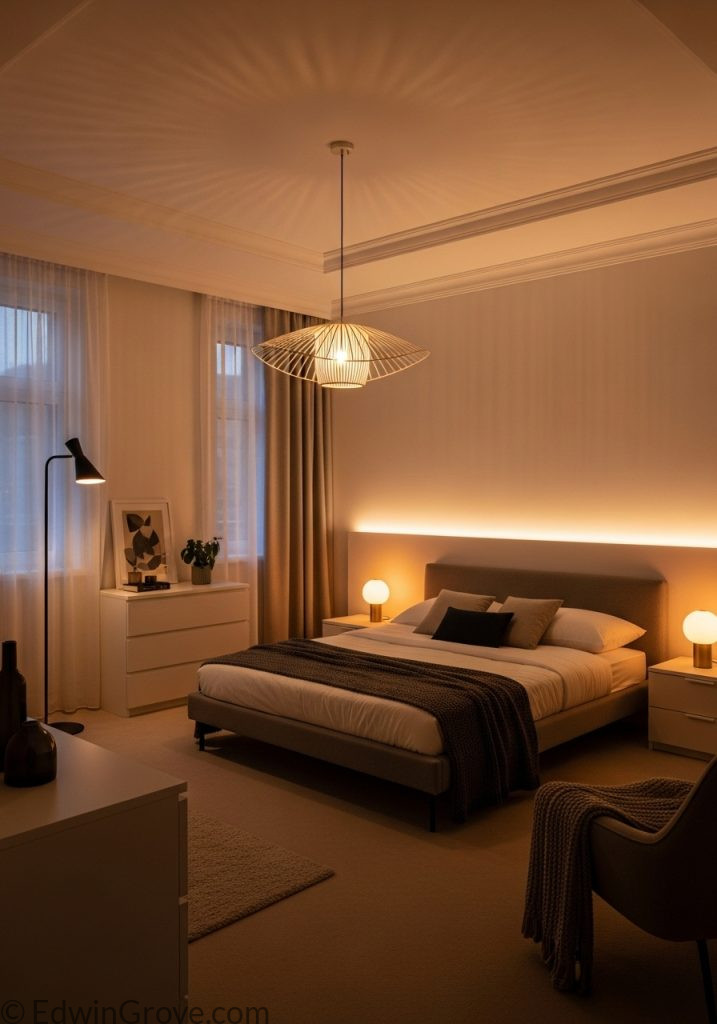 Bedroom with elegant layered lighting and warm ambiance