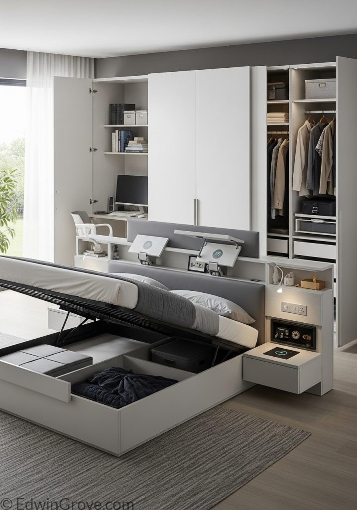 Bedroom with innovative smart storage furniture