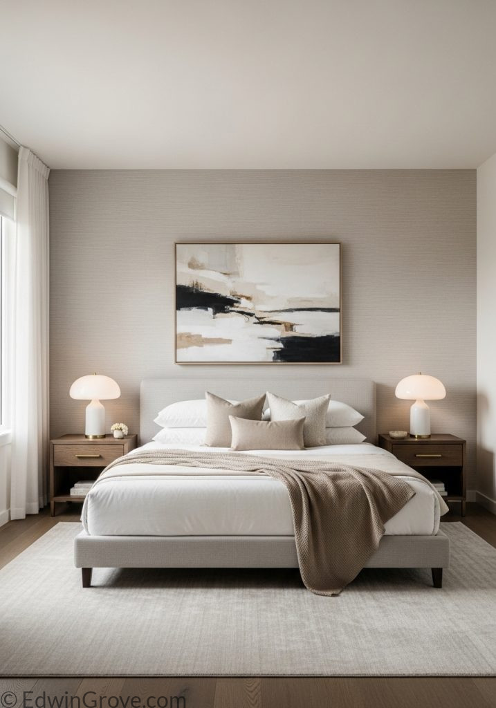 Bedroom with neutral beige background wall