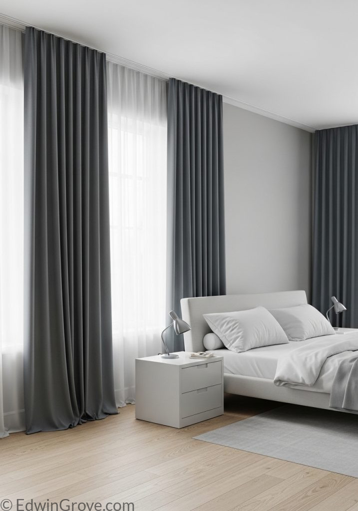 Bedroom with perfectly hung floor-length curtains
