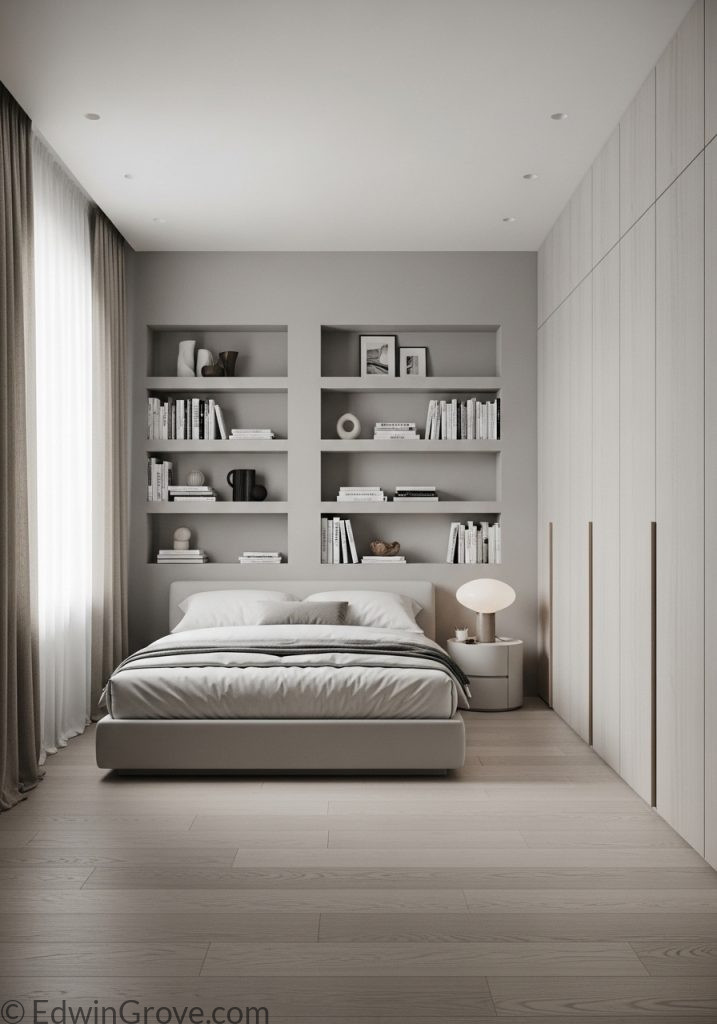 Bedroom with smart storage furniture and organized design