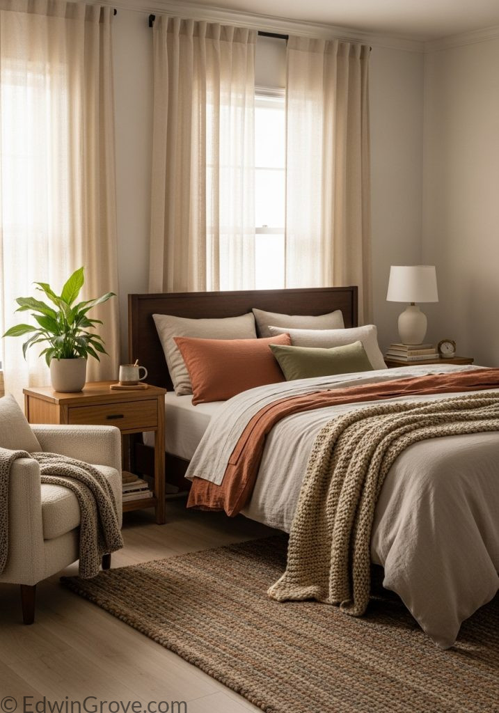 Bedroom with soft linen curtains and natural decor