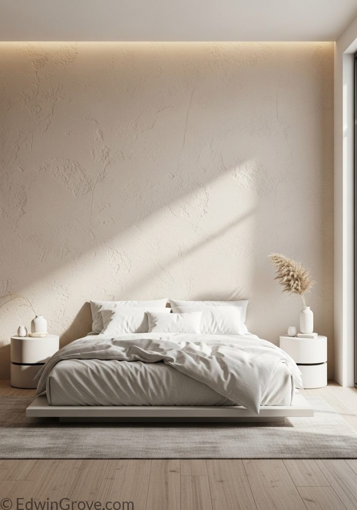 Bedroom with textured plaster background wall design