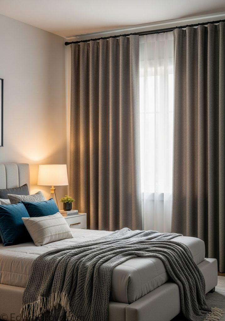 Bedroom with thermal insulated curtains for comfort