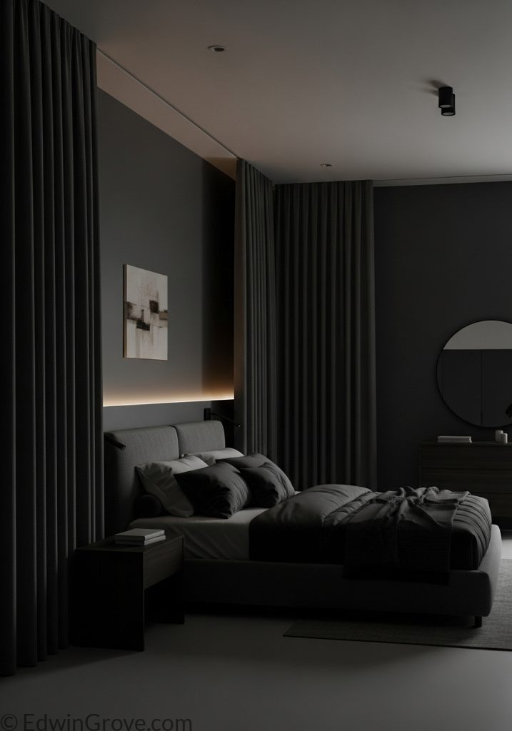 Bedroom with thick soundproof curtains for noise reduction