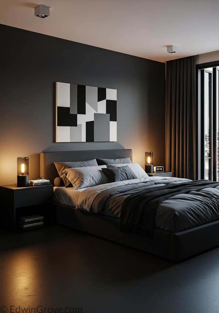 Black and grey contemporary masculine bedroom design