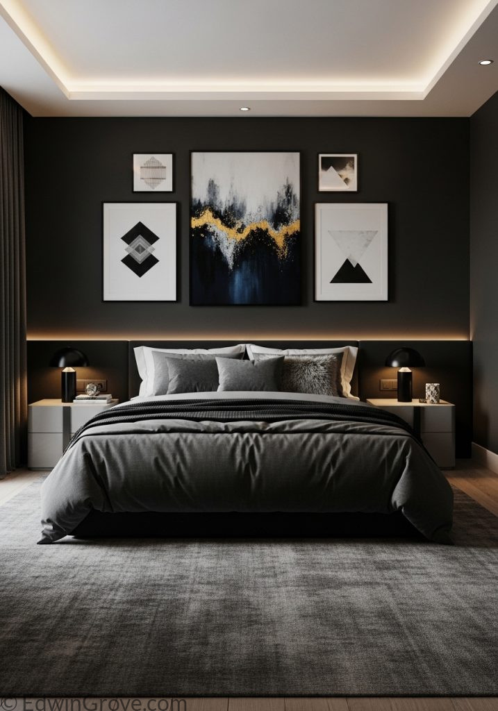 Black bedroom featuring modern decorative wall art