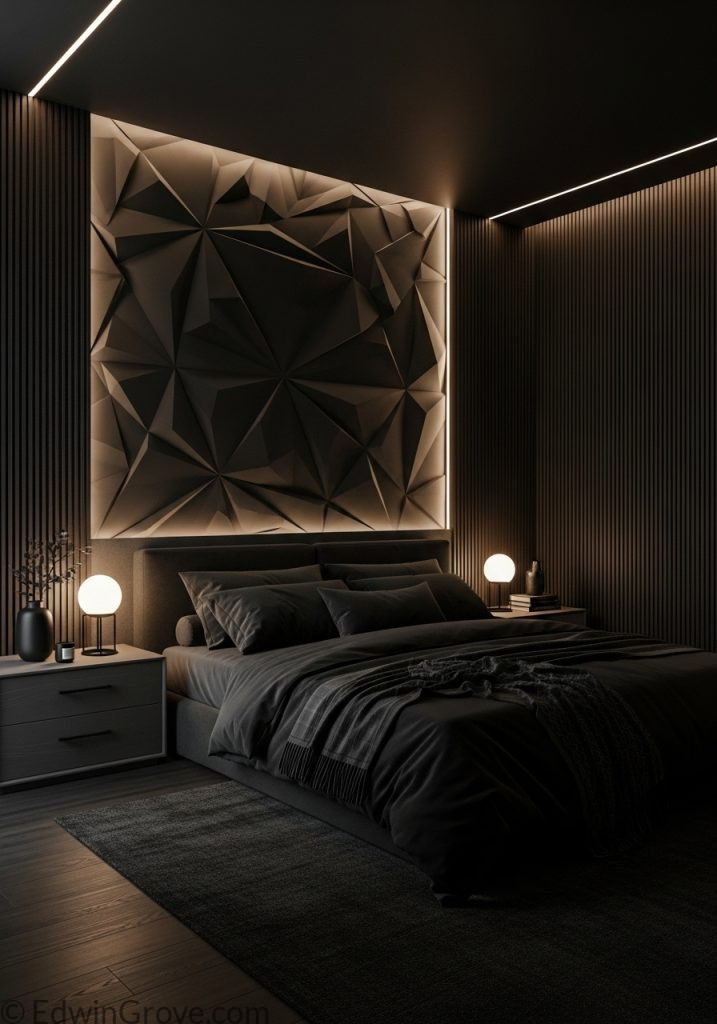 Black bedroom featuring textured wall design with modern lighting