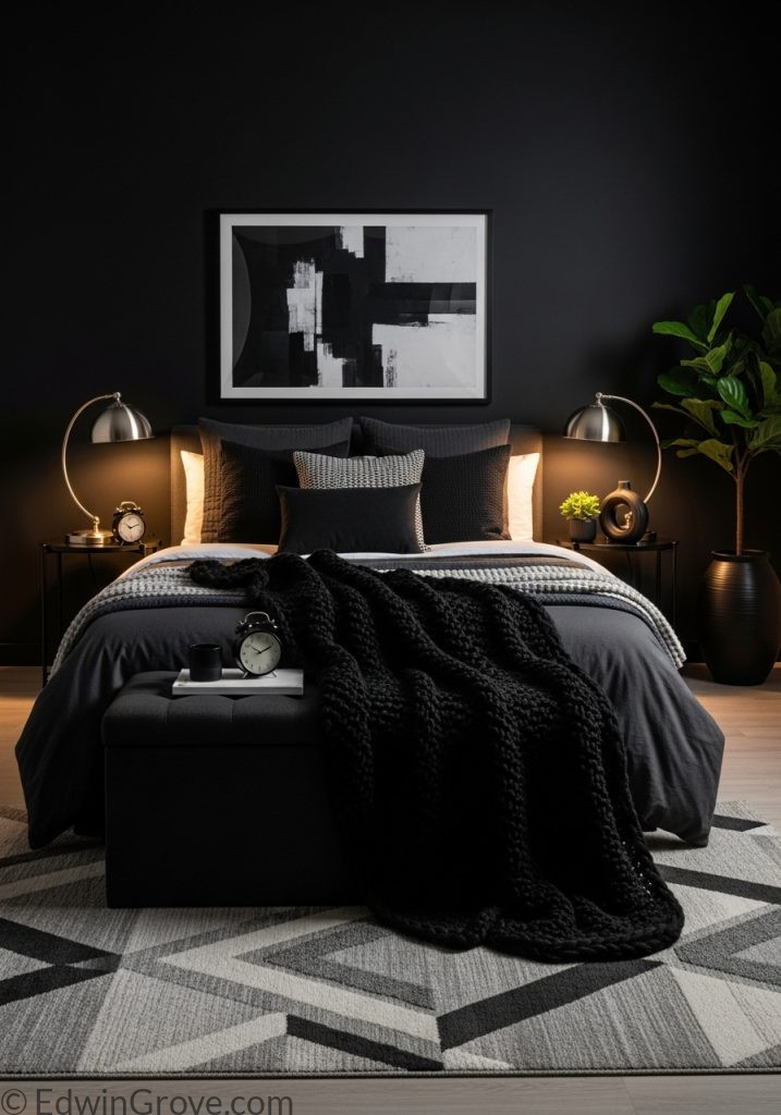 Black bedroom styled with rug and decorative accessories