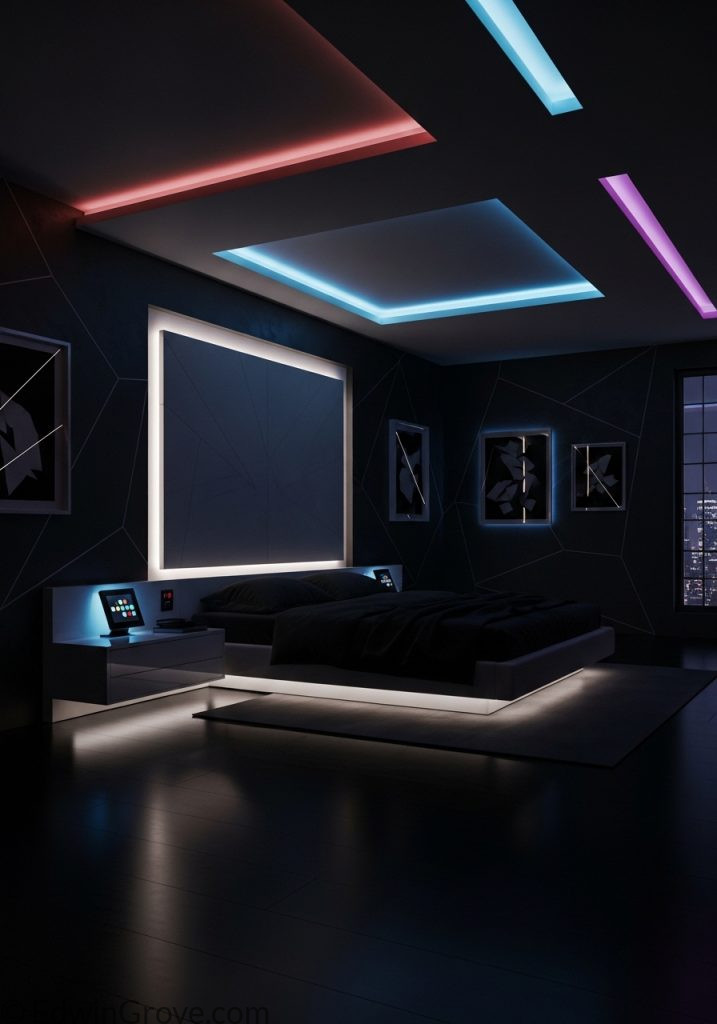 Black bedroom with ambient LED lighting and modern style