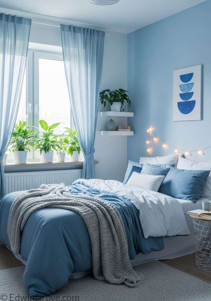 Blue aesthetic teen girl bedroom with plants and soft decor