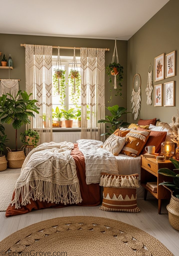 Boho bedroom with macrame curtains and natural decor