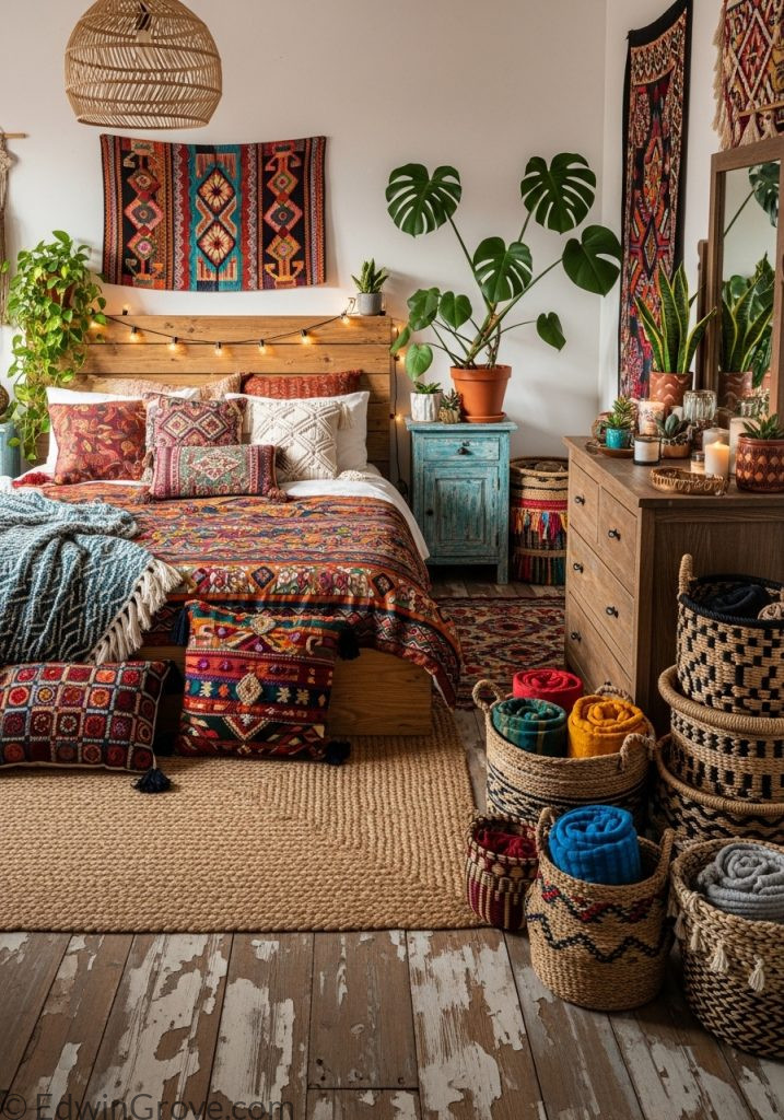 Boho rustic bedroom with colorful textiles and natural decor