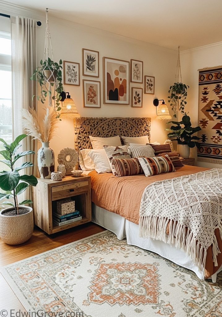 Boho-style master bedroom with plants and textured decor
