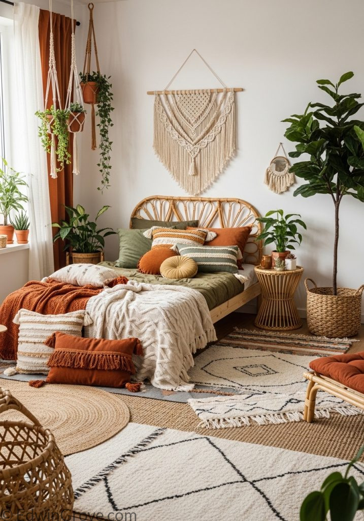 Boho teen girl bedroom with earthy tones and macrame decor