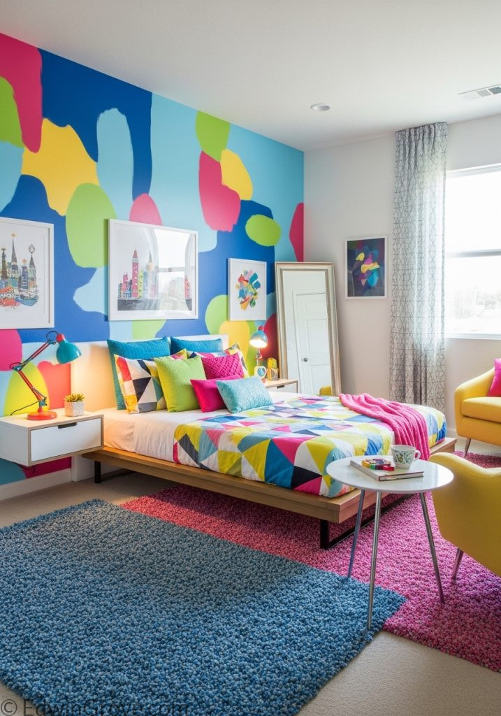 Bold color teen girl bedroom with vibrant and energetic decor