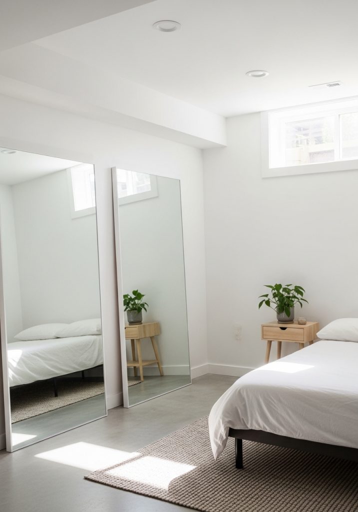 Bright basement bedroom with reflective surfaces