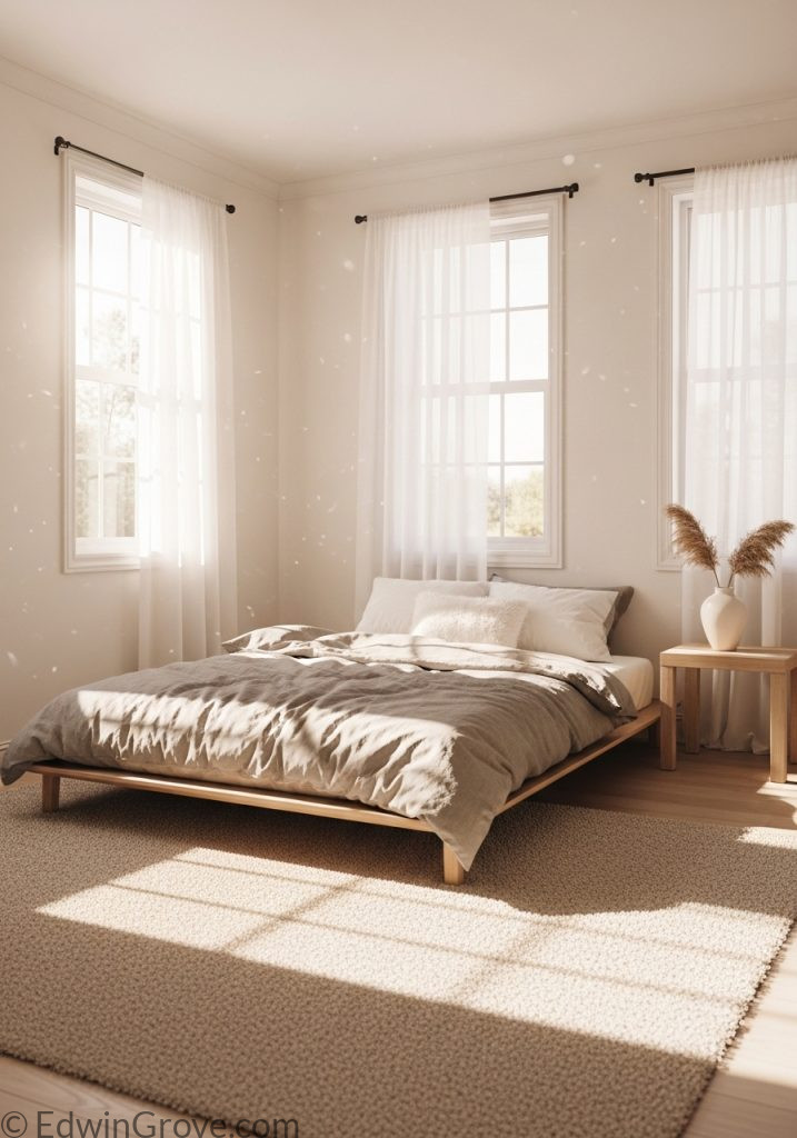 Bright bedroom with white sheer curtains and natural sunlight