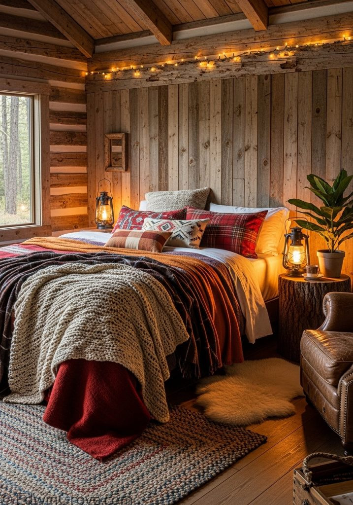 Cabin style rustic bedroom with warm cozy design