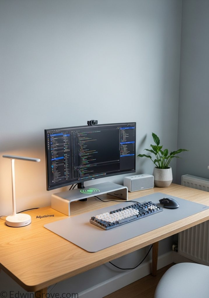 Cable-free bedroom office setup with organized desk